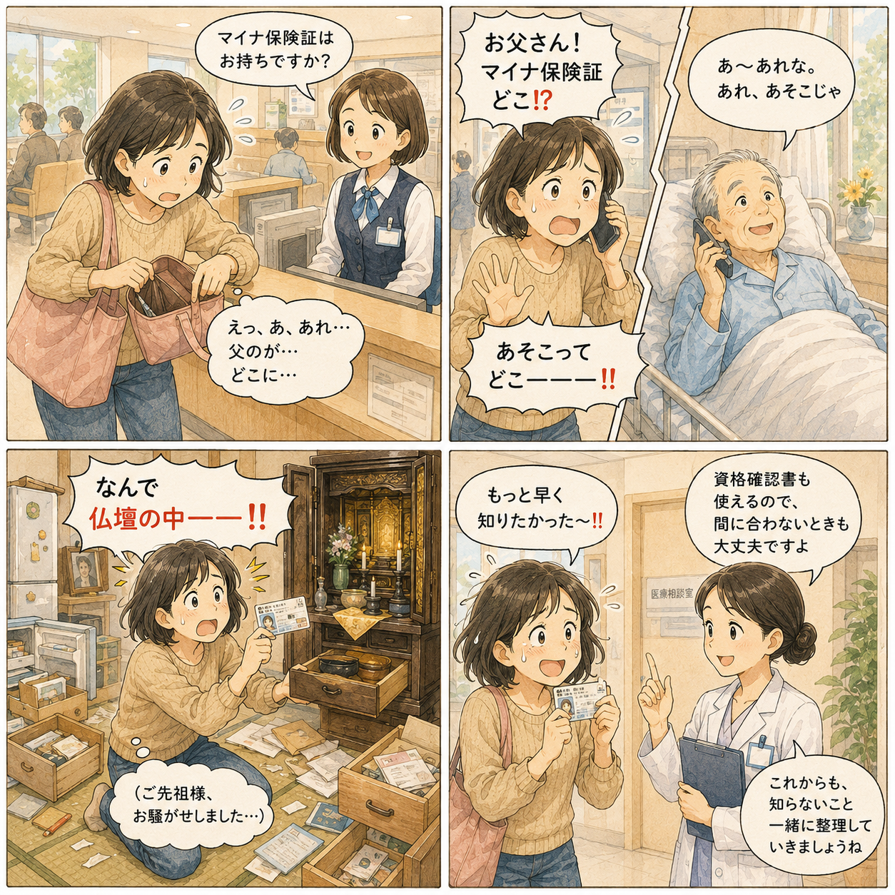 4コマ漫画：病院受付でマイナ保険証を求められ、実家中を捜索した末に仏壇から発見する娘の奮闘記