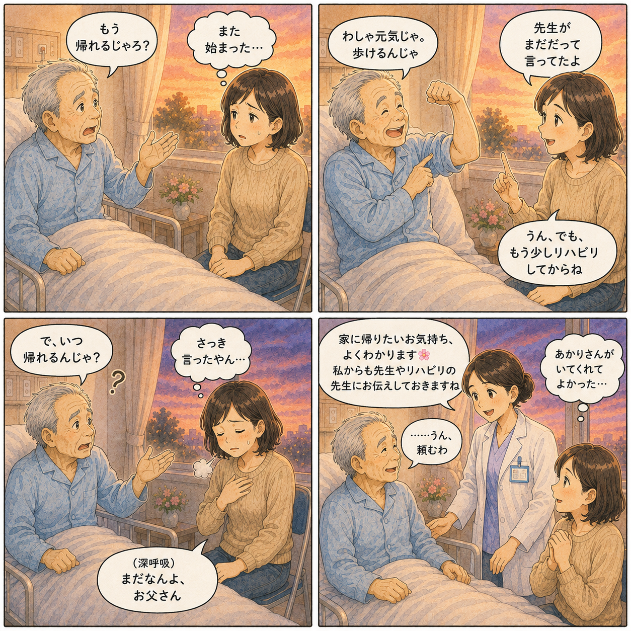 4コマ漫画：夕暮れの病室で『もう帰れる』を繰り返す父、疲れる娘、優しく寄り添うMSWあかりの場面