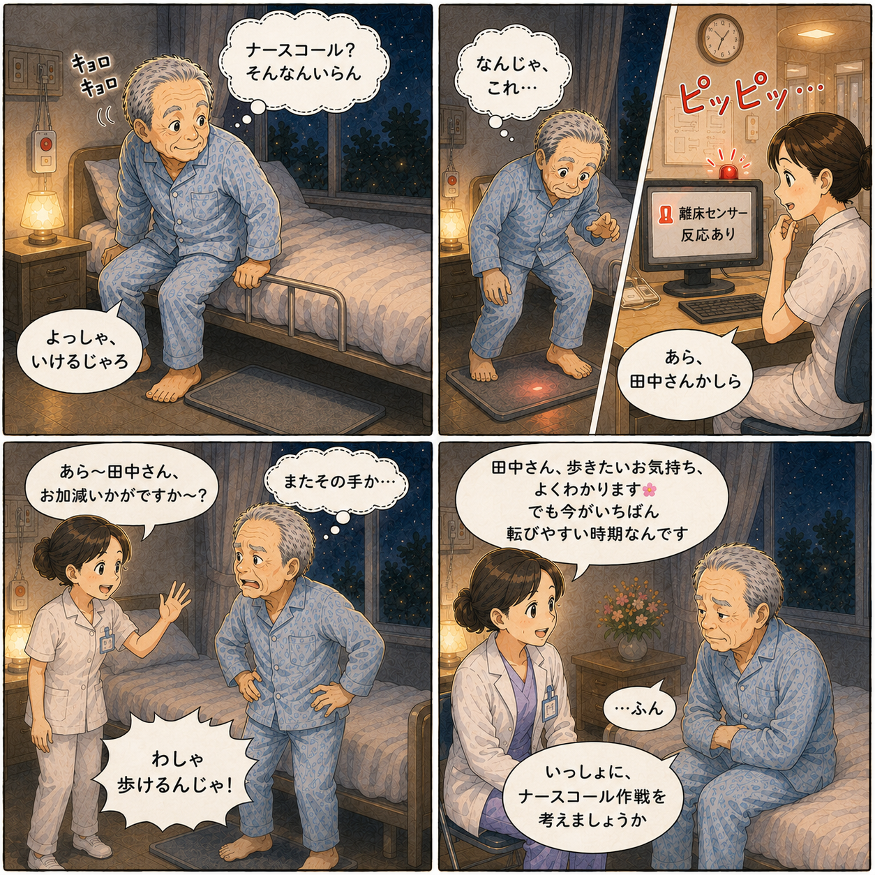 4コマ漫画:夜の病室で父が離床センサーを踏み、ナースステーションのモニターが反応、看護師がさりげなく様子を見にくる場面