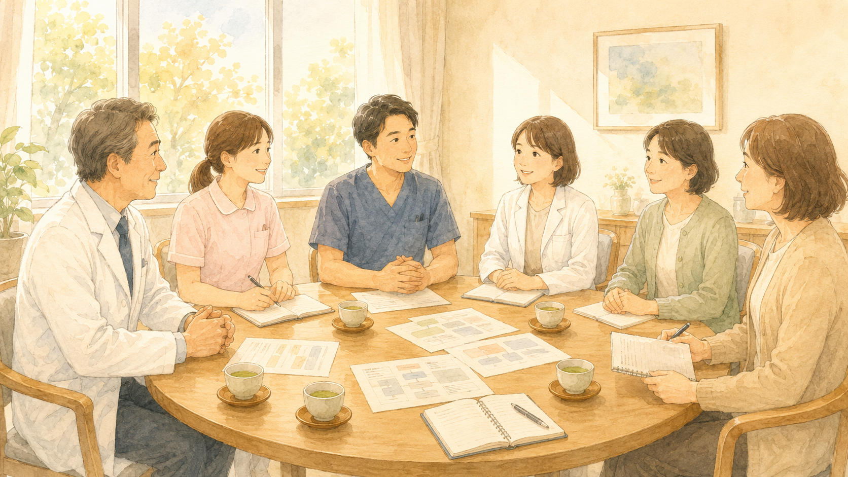 病院の会議室で医療スタッフと家族が円卓を囲んで話し合う水彩タッチのイラスト