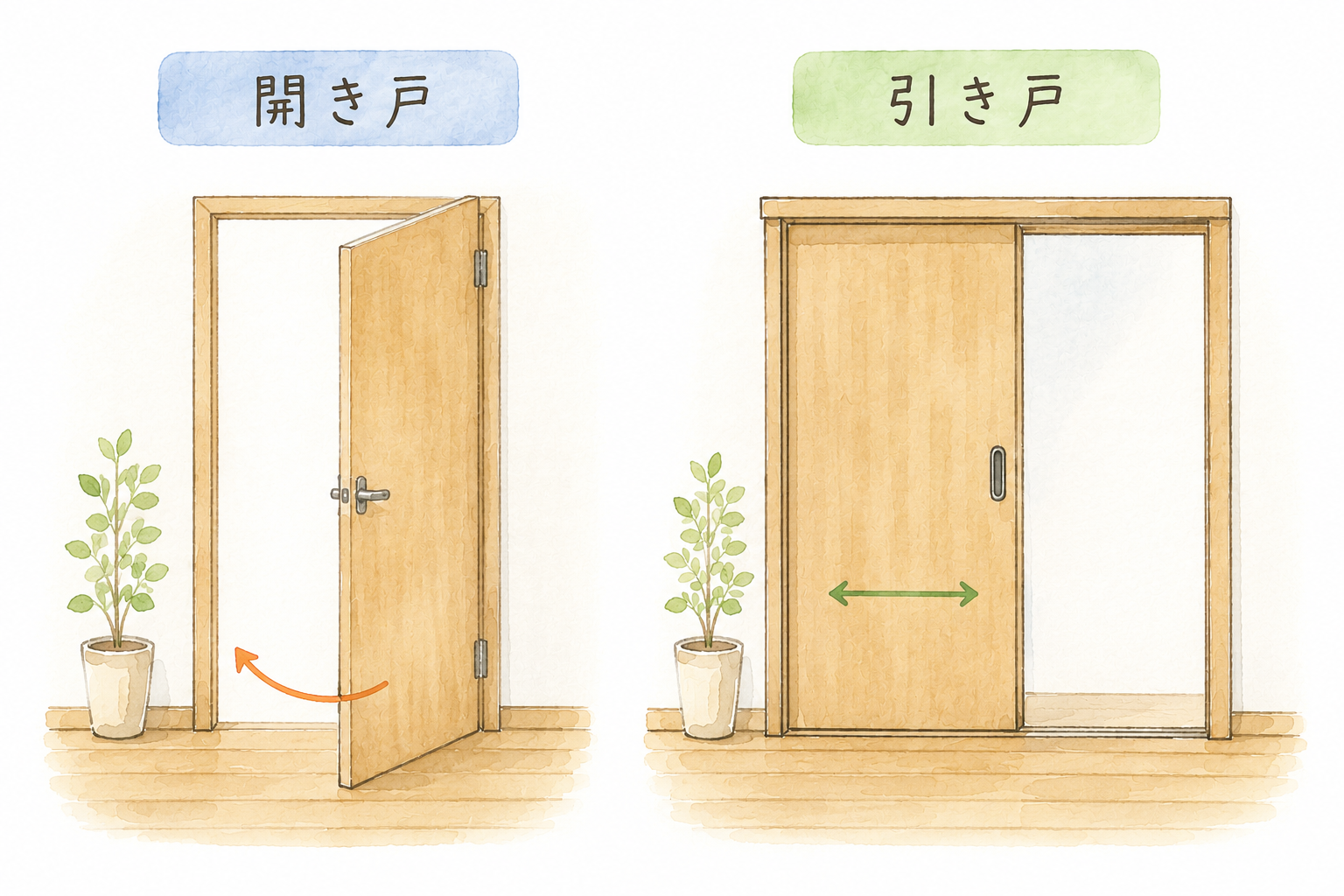 開き戸と引き戸の比較イラスト