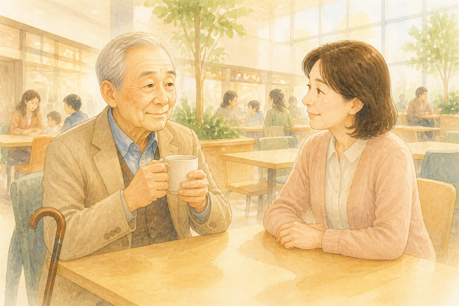 フードコートでコーヒーを飲みながら向かい合う父と娘