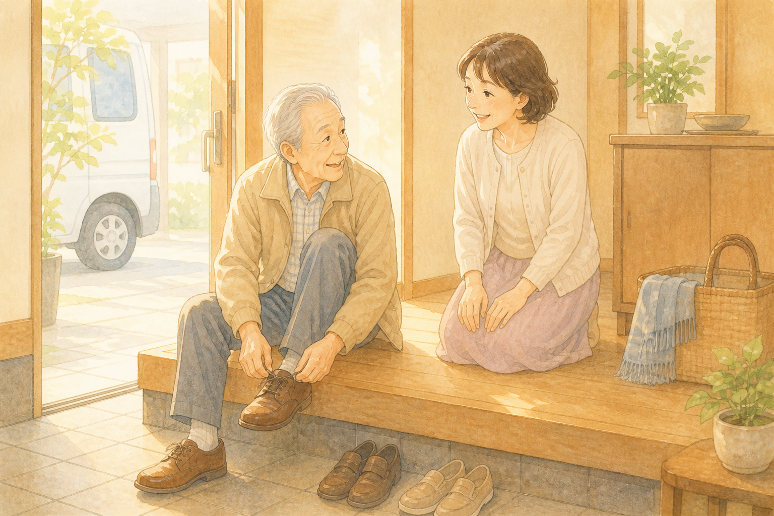朝、玄関で靴を履く父と、笑顔で見守る妹